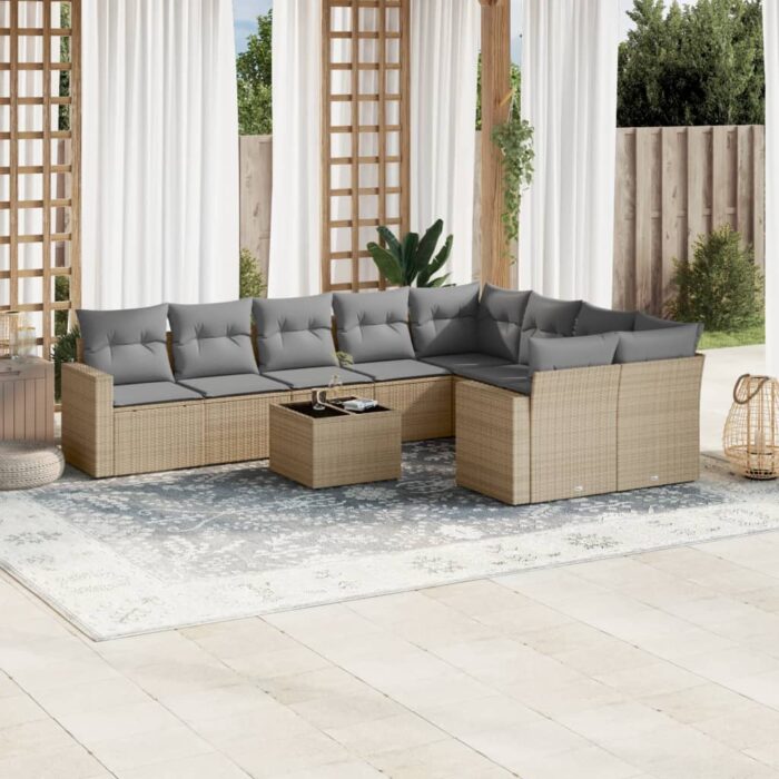 Salon de jardin avec coussins 10 pcs beige résine tressée – Image 1