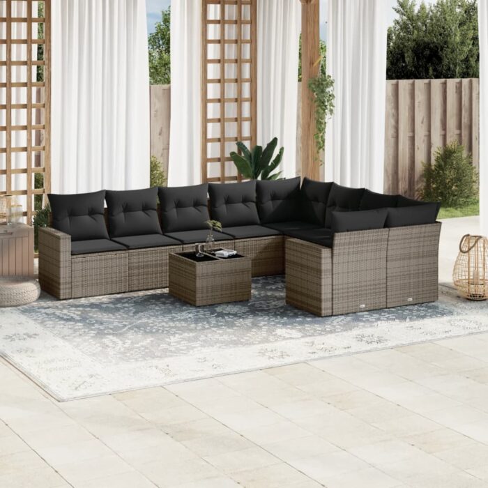 Salon de jardin avec coussins 10 pcs gris résine tressée – Image 1