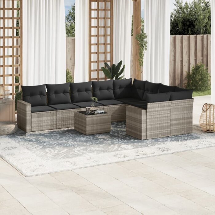 Salon de jardin avec coussins 10 pcs gris clair résine tressée – Image 1