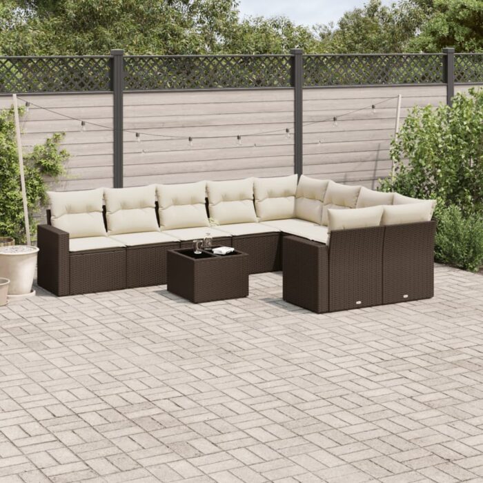 Salon de jardin 10 pcs avec coussins marron résine tressée – Image 1
