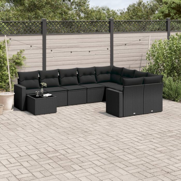 Salon de jardin 10 pcs avec coussins noir résine tressée – Image 1