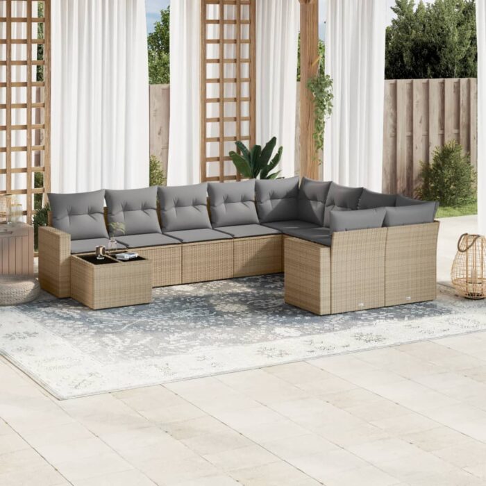 Salon de jardin avec coussins 10 pcs beige résine tressée – Image 1