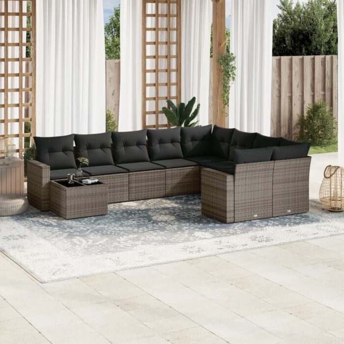 Salon de jardin avec coussins 10 pcs gris résine tressée – Image 1