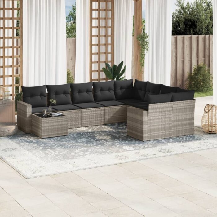 VXL8721102307744_m_en_hd_1.jpg Salon de jardin avec coussins 10 pcs gris clair résine tressée – Image 1