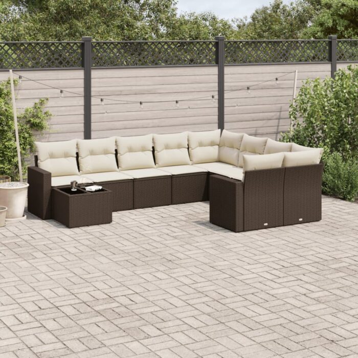 Salon de jardin 10 pcs avec coussins marron résine tressée – Image 1