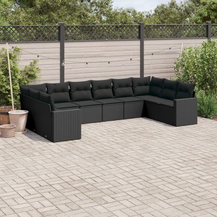 Salon de jardin 10 pcs avec coussins noir résine tressée – Image 1