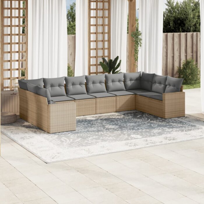 Salon de jardin avec coussins 10 pcs beige résine tressée – Image 1