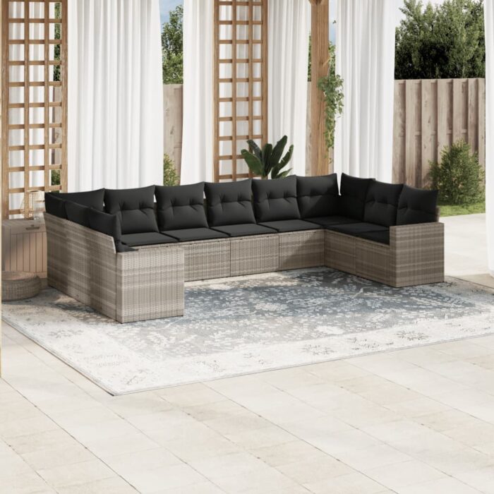 Salon de jardin avec coussins 10 pcs gris clair résine tressée – Image 1