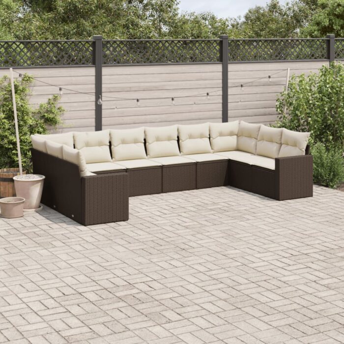 Salon de jardin 10 pcs avec coussins marron résine tressée – Image 1