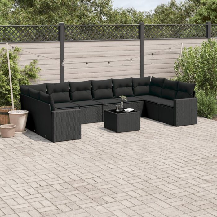 Salon de jardin 11 pcs avec coussins noir résine tressée – Image 1