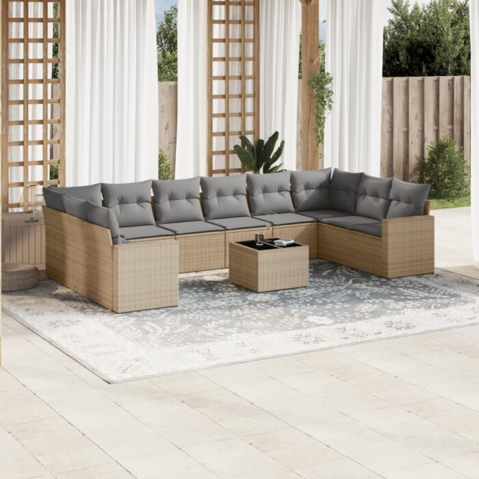 Salon de jardin 11 pcs avec coussins beige résine tressée – Image 1