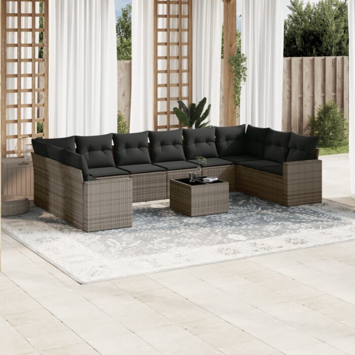 Salon de jardin 11 pcs avec coussins gris résine tressée – Image 1