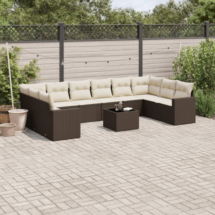 Salon de jardin et coussins 11 pcs marron résine tressée – Image 1