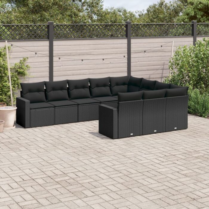 Salon de jardin 10 pcs avec coussins noir résine tressée – Image 1