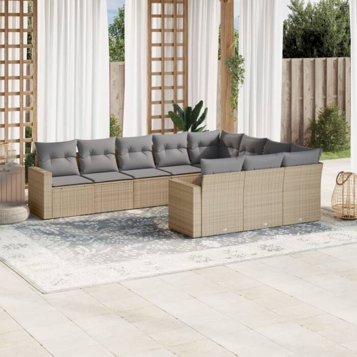 Salon de jardin avec coussins 10 pcs beige résine tressée – Image 1