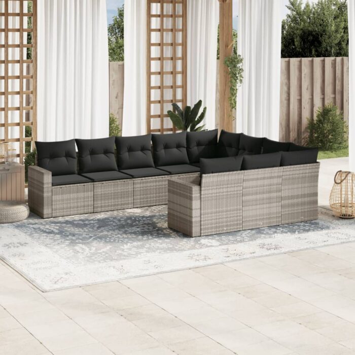 Salon de jardin avec coussins 10 pcs gris clair résine tressée – Image 1