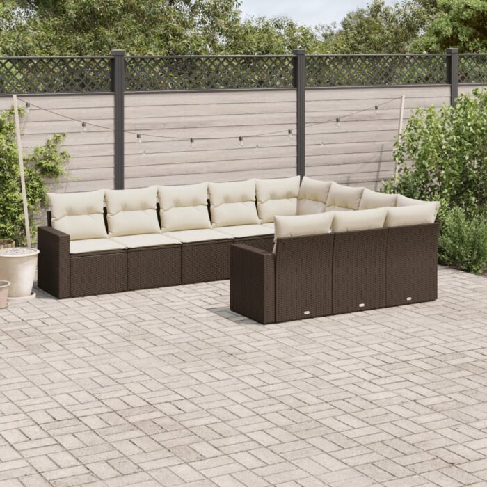 Salon de jardin 10 pcs avec coussins marron résine tressée – Image 1