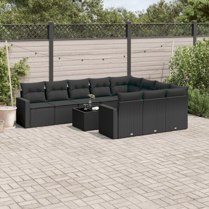 Salon de jardin 11 pcs avec coussins noir résine tressée – Image 1