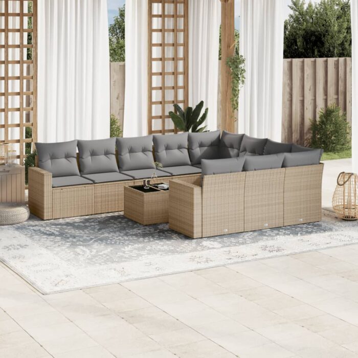 Salon de jardin 11 pcs avec coussins beige résine tressée – Image 1