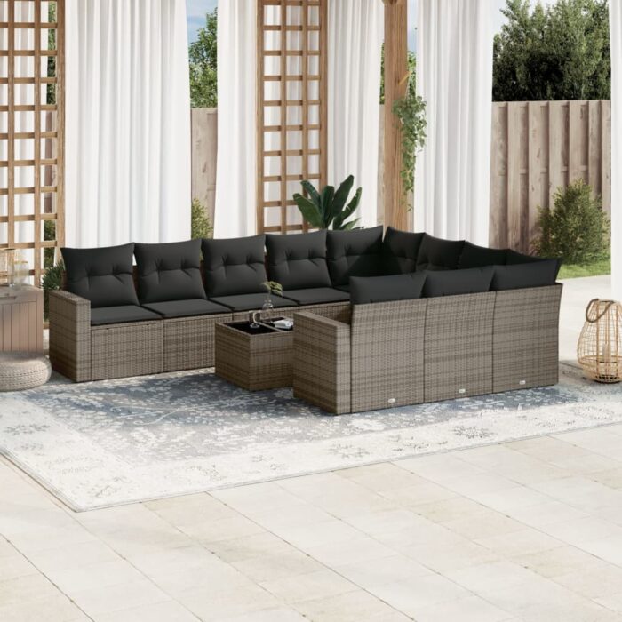 Salon de jardin 11 pcs avec coussins gris résine tressée – Image 1