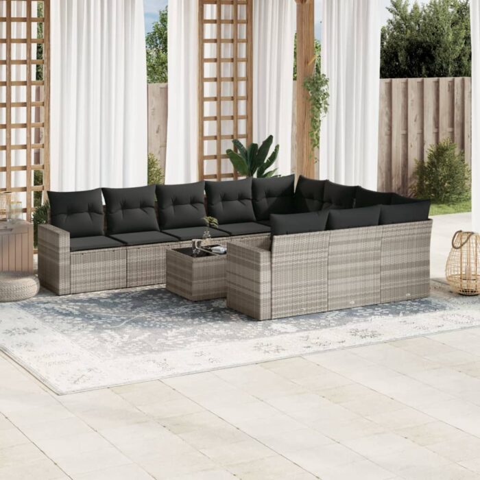 Salon de jardin 11 pcs avec coussins gris clair résine tressée – Image 1