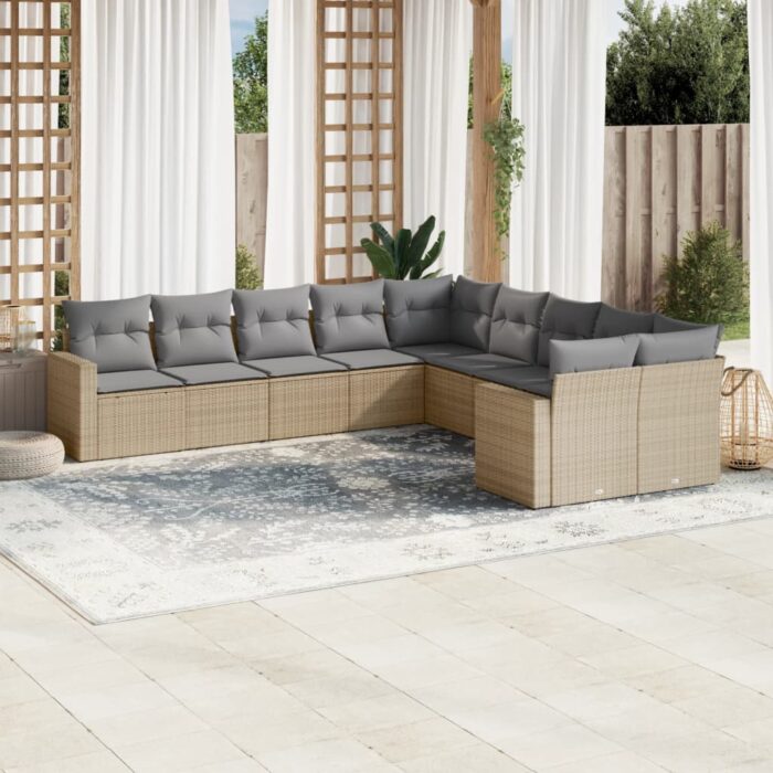 Salon de jardin avec coussins 10 pcs beige résine tressée – Image 1