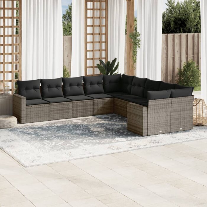 Salon de jardin avec coussins 10 pcs gris résine tressée – Image 1