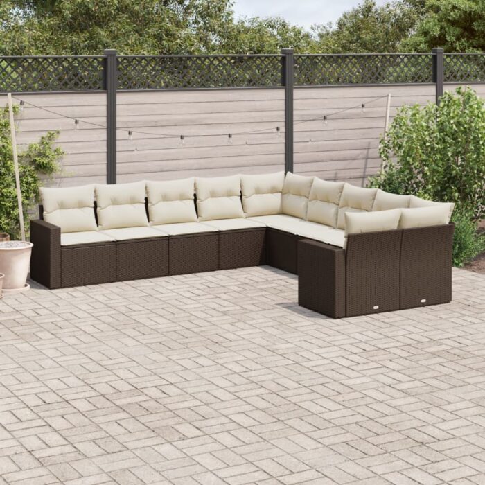 Salon de jardin 10 pcs avec coussins marron résine tressée – Image 1