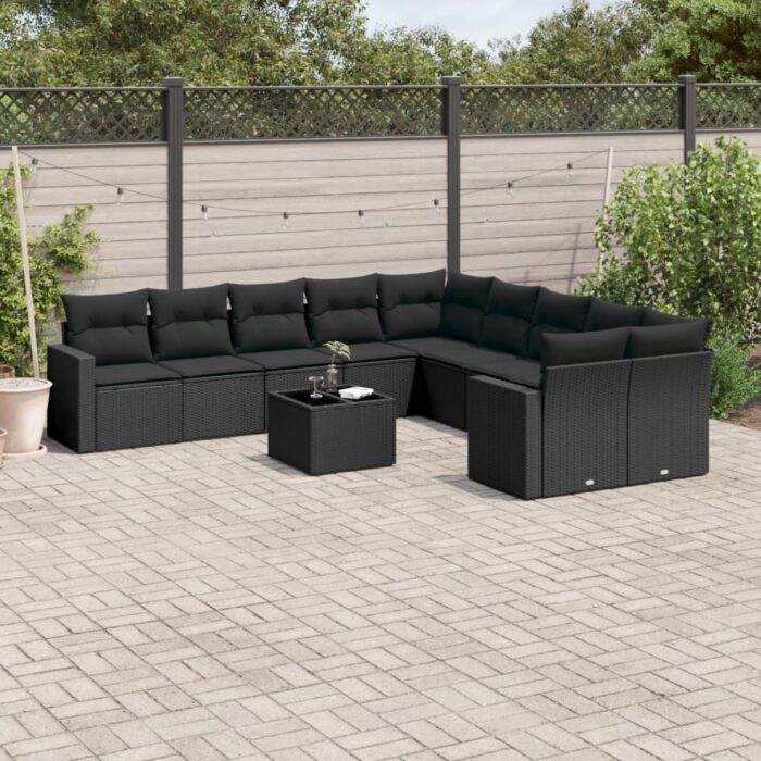 Salon de jardin 11 pcs avec coussins noir résine tressée – Image 1