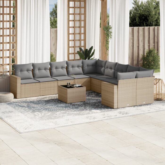 Salon de jardin 11 pcs avec coussins beige résine tressée – Image 1