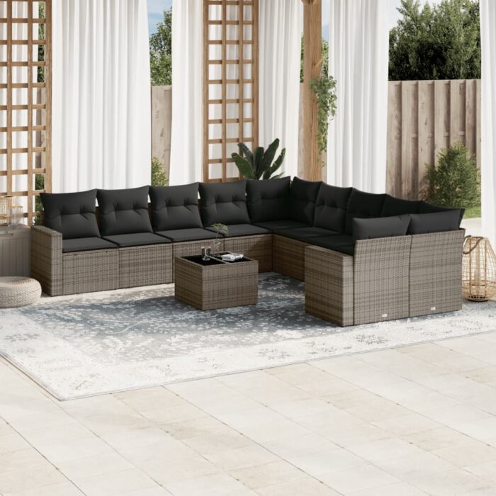 Salon de jardin 11 pcs avec coussins gris résine tressée – Image 1