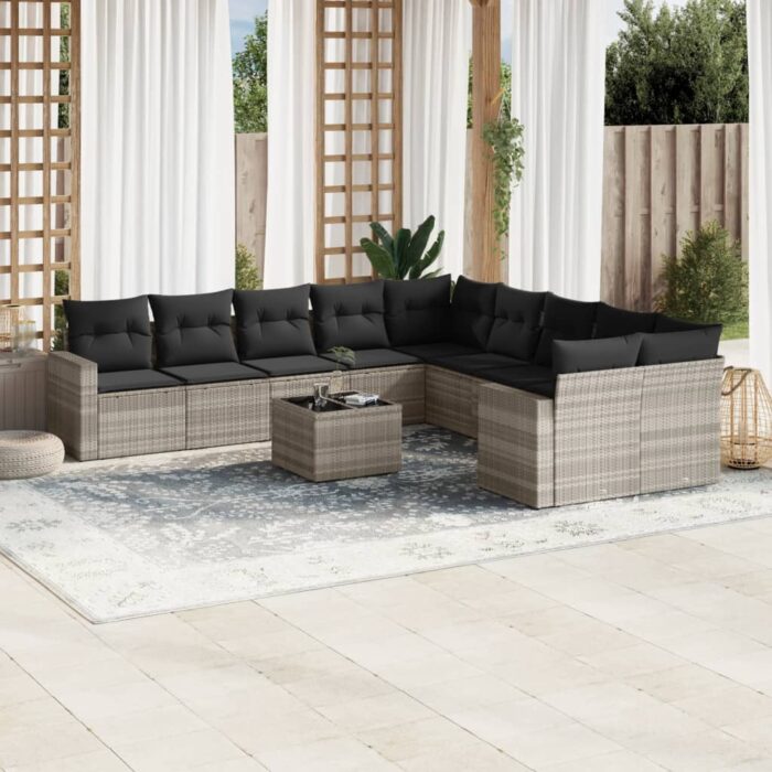 Salon de jardin 11 pcs avec coussins gris clair résine tressée – Image 1