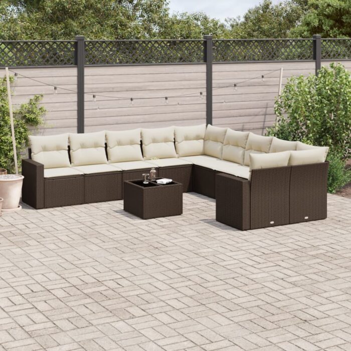 Salon de jardin et coussins 11 pcs marron résine tressée – Image 1
