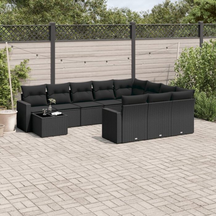 Salon de jardin 11 pcs avec coussins noir résine tressée – Image 1