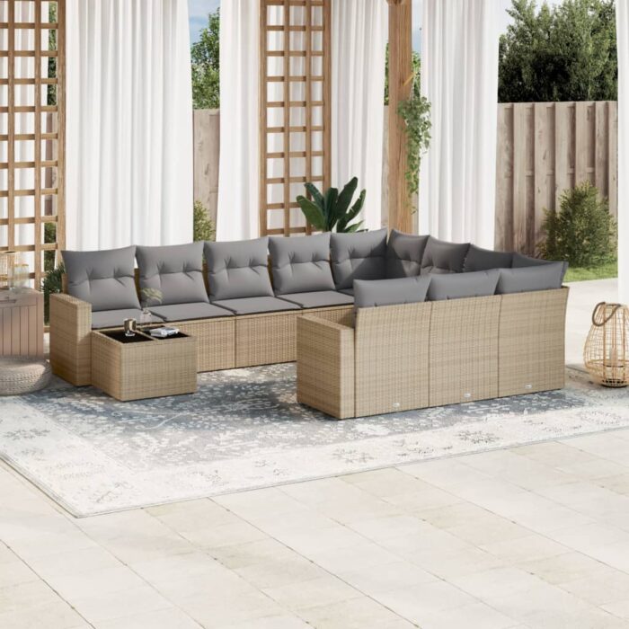Salon de jardin 11 pcs avec coussins beige résine tressée – Image 1