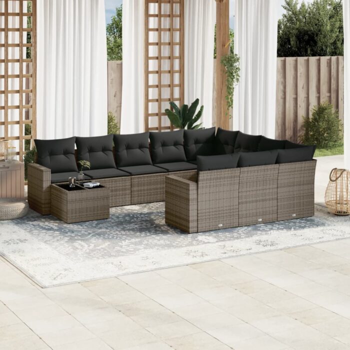 Salon de jardin 11 pcs avec coussins gris résine tressée – Image 1