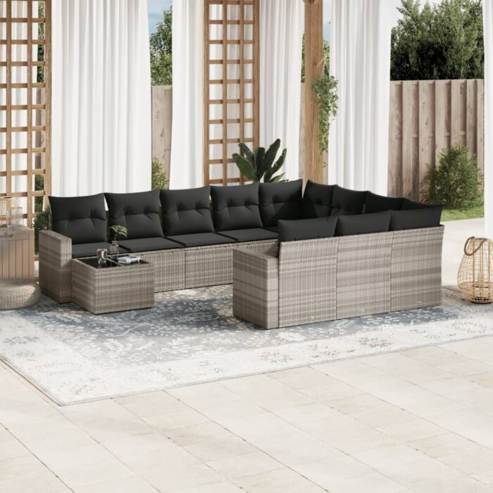Salon de jardin 11 pcs avec coussins gris clair résine tressée – Image 1
