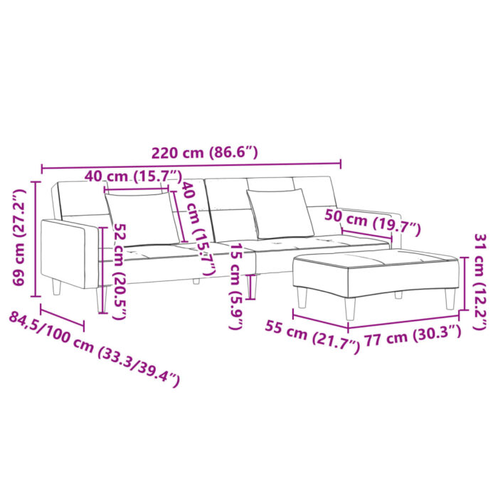 Canapé-lit à 2 places avec repose-pied jaune velours – Image 9