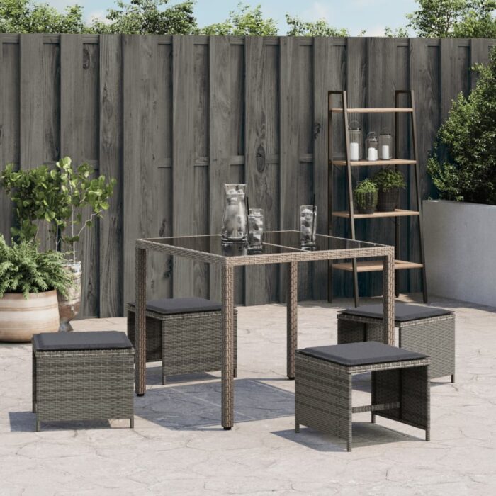 Tabourets de jardin avec coussins lot de 4 gris résine tressée – Image 2