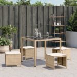 Tabourets de jardin avec coussins lot de 4 beige résine tressée – Image 2