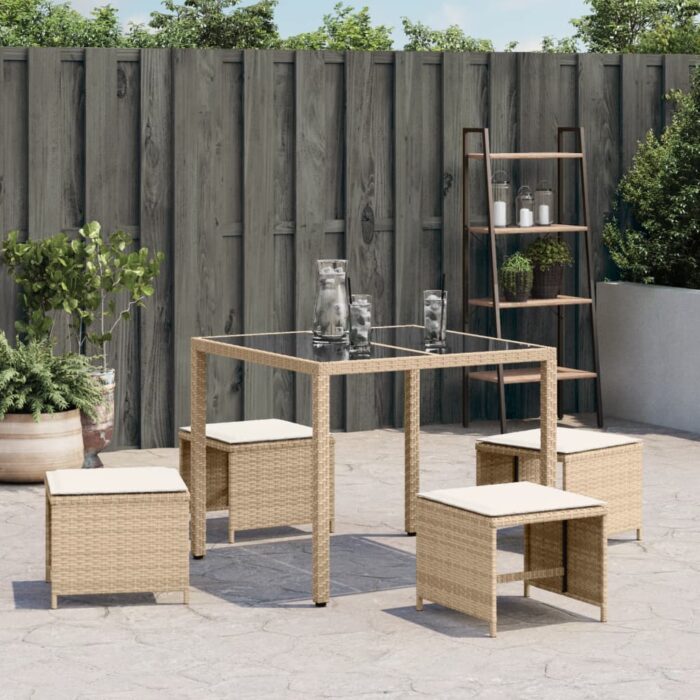Tabourets de jardin avec coussins lot de 4 beige résine tressée – Image 2