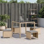 Tabourets de jardin et coussins lot de 4 mélange beige rotin – Image 2