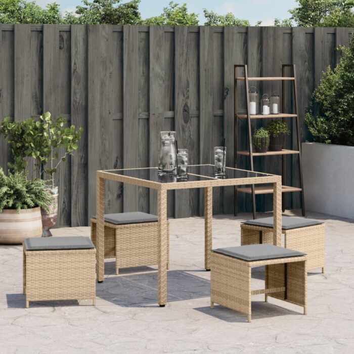 Tabourets de jardin et coussins lot de 4 mélange beige rotin – Image 2