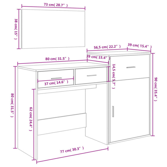 Ensemble de coiffeuse 3 pcs chêne fumé bois d'ingénierie – Image 9
