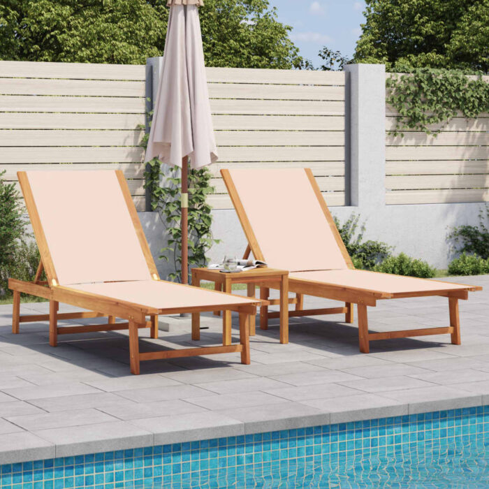 Chaises longues lot de 2 crème bois acacia solide et textilène – Image 1