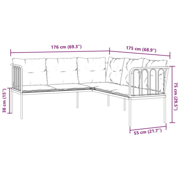 Canapé de jardin avec coussins forme de L noir acier textilène – Image 7