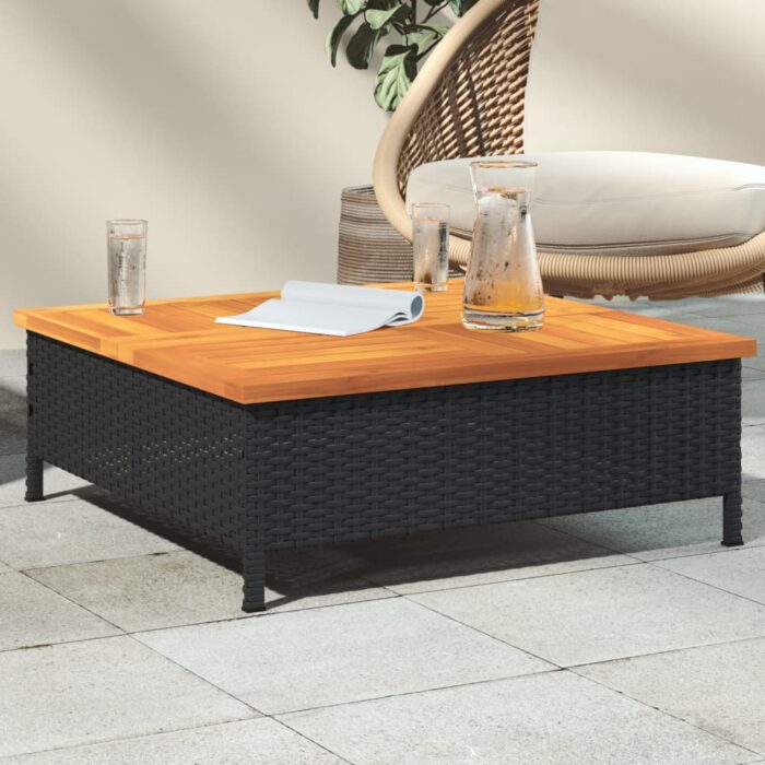 Table de jardin noir 70x70x25 cm résine tressée et bois acacia – Image 1