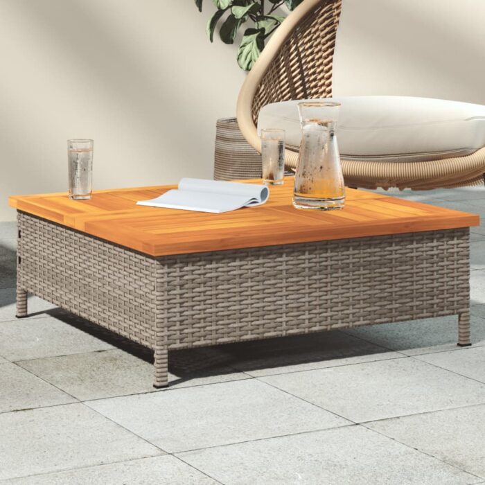 Table de jardin gris 70x70x25 cm résine tressée et bois acacia – Image 1