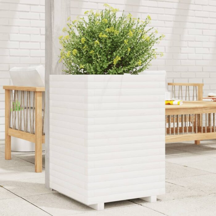 Jardinière blanc 50x50x72 cm bois de pin massif – Image 1