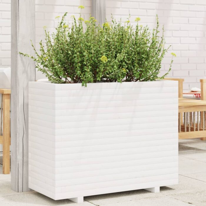 Jardinière blanc 90x40x72 cm bois de pin massif – Image 1